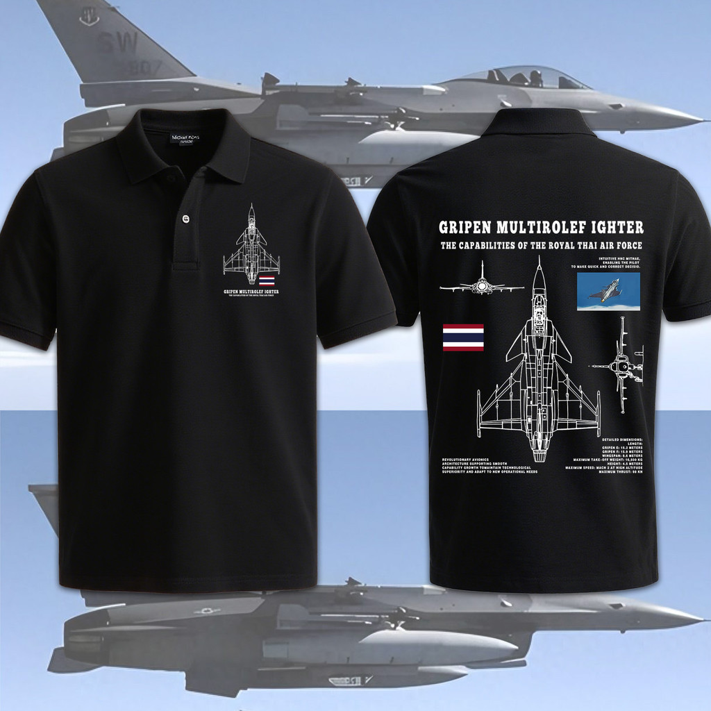 เสื้อโปโลผ้าฝ้ายพิมพ์ลาย Saab JAS 39 Gripen สีดำ ขาว แดง และน้ำเงินเข้ม พร้อมไซส์ S-3XL