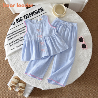 ชุดหมีลายเสื้อน่ารักสีฟ้าหวาน พร้อมโบว์ สำหรับเด็กผู้หญิง ปร…