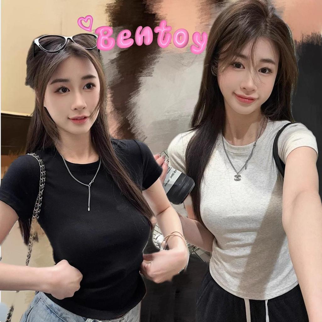 Bentoy (A03） เสื้อคอกลมครอปแขนสั้น ผ้าไหมนม เรียบๆ สีพื้นรัดรูป เสื้อผู้หญิง