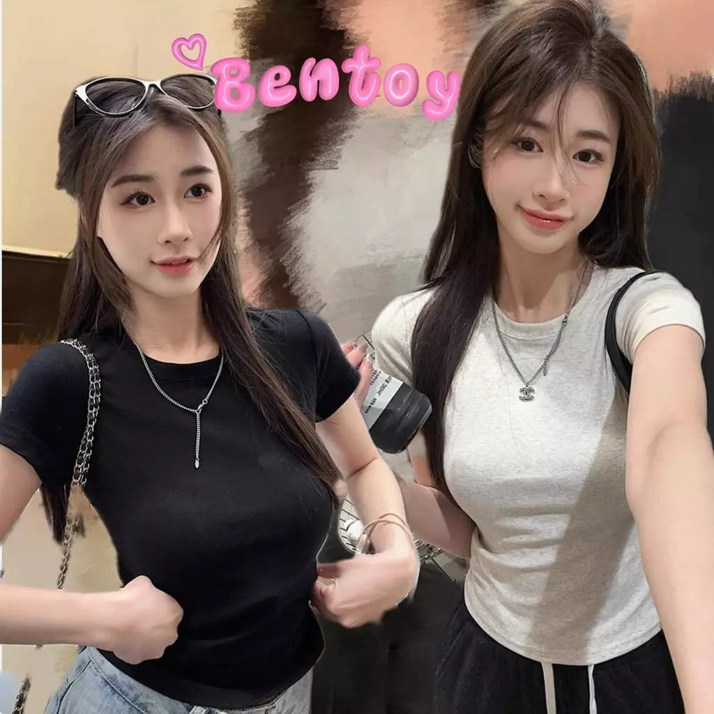 Bentoy (A03） เสื้อคอกลมครอปแขนสั้น ผ้าไหมนม เรียบๆ สีพื้นรัดรูป เสื้อผู้หญิง