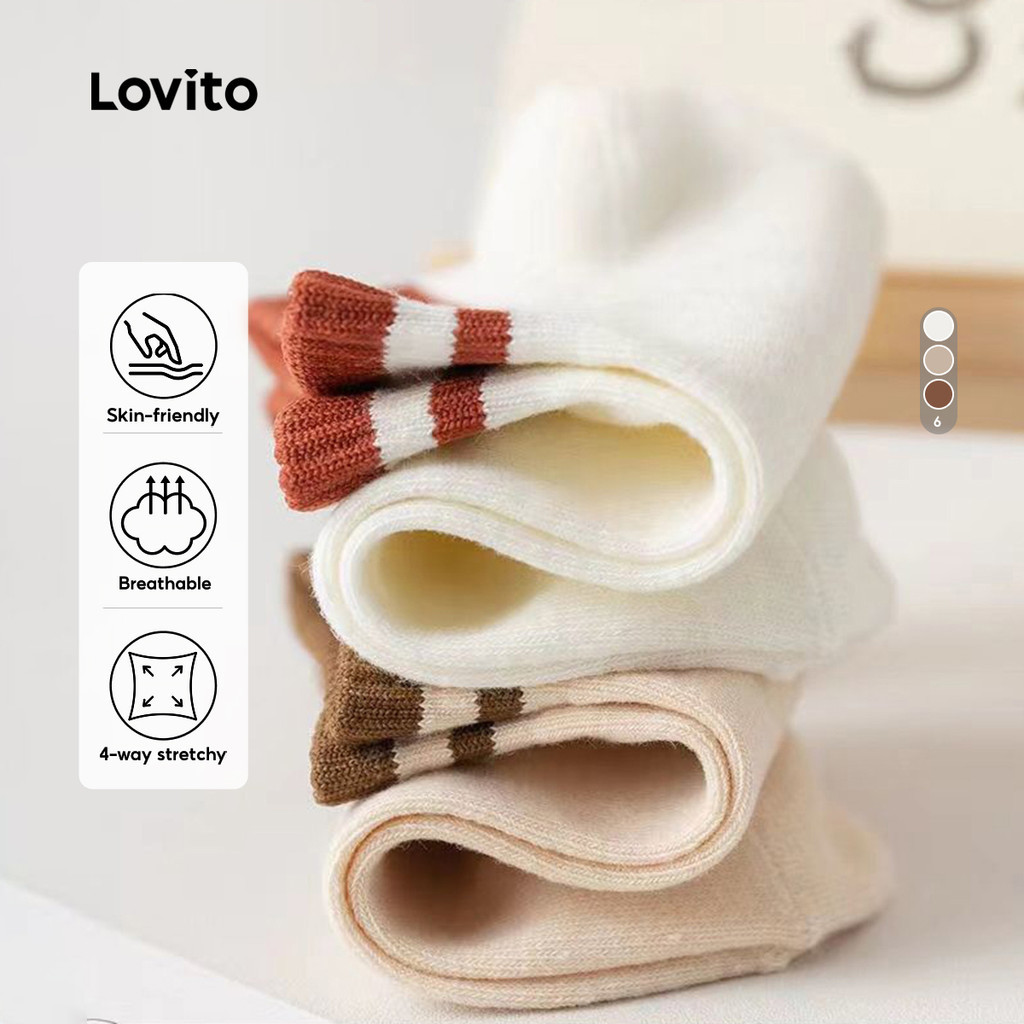 Lovito ถุงเท้าลำลอง สีพื้นตัดกัน ถุงเท้าสำหรับผู้หญิง LNA27259