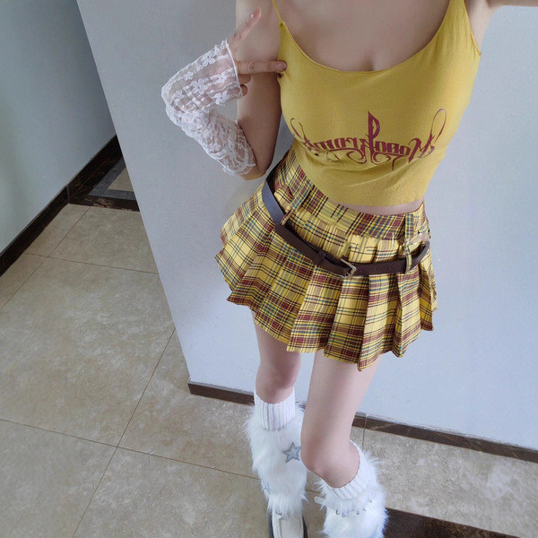 cicishop1 กางเกงขาสั้นสบาย Korean shorts กระโปรงลายสก๊อตสีเหลือง ออกแบบเพื่อรูปร่างลูก.APPLE มีซิกเน