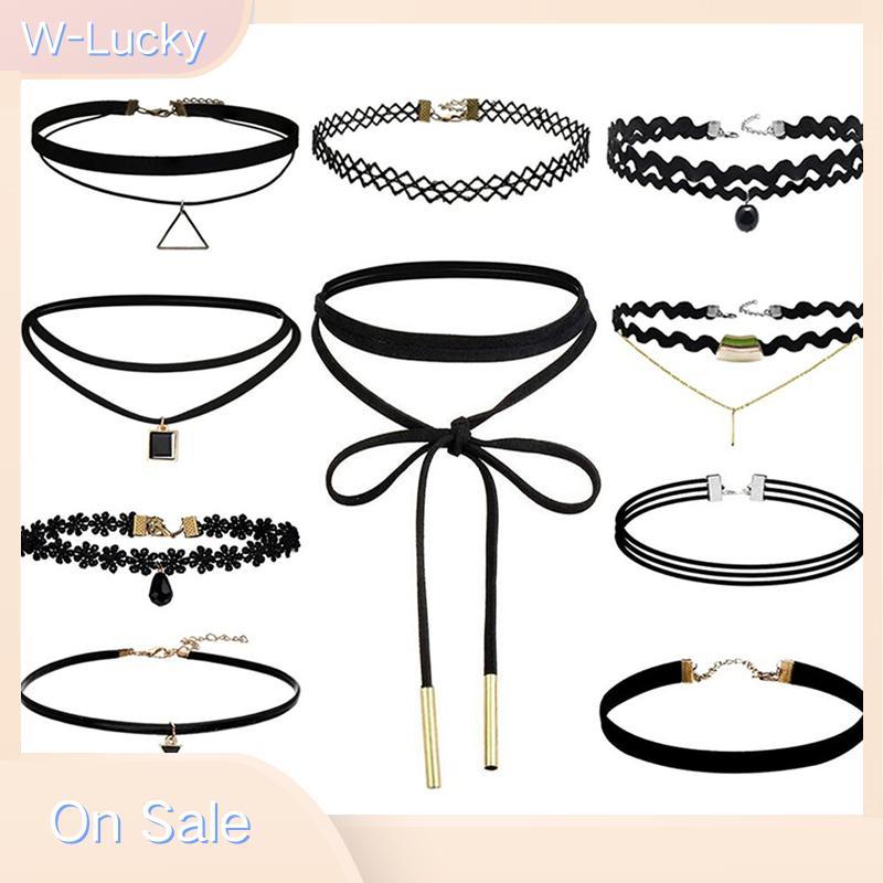 W-Lucky 10 ชิ้นสร้อยคอโชคเกอร์สีดําคลาสสิกกํามะหยี่ยืดสร้อยคอสักโกธิค