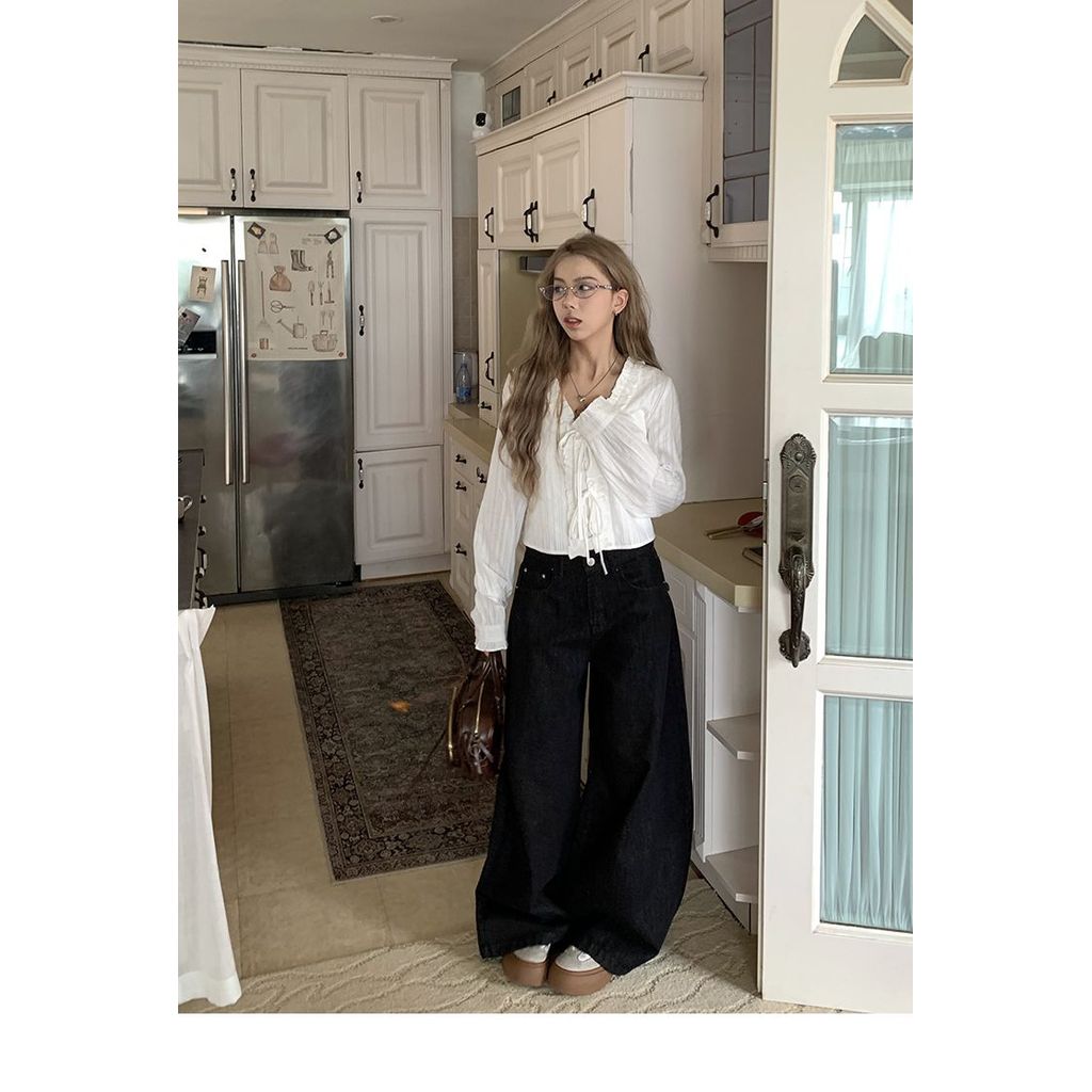 เสื้อแขนยาวสไตล์ฝรั่งเศสสำหรับผู้หญิง หวาน คอวี สบายๆ ในฤดูใบไม้ร่วงและฤดูหนาว - รูปที่ 4