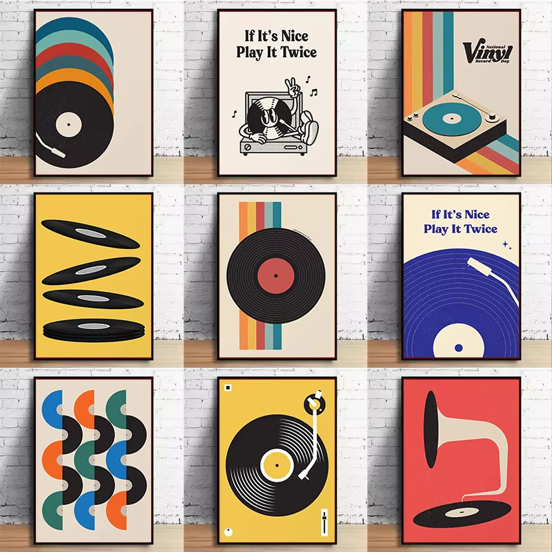 Retro ไวนิลบันทึกพิมพ์ Mid Century เพลง Minimal Pastel โปสเตอร์ที่มีสีสัน Wall Art อินเทรนด์ Minimalist Turntable Home Room Decor