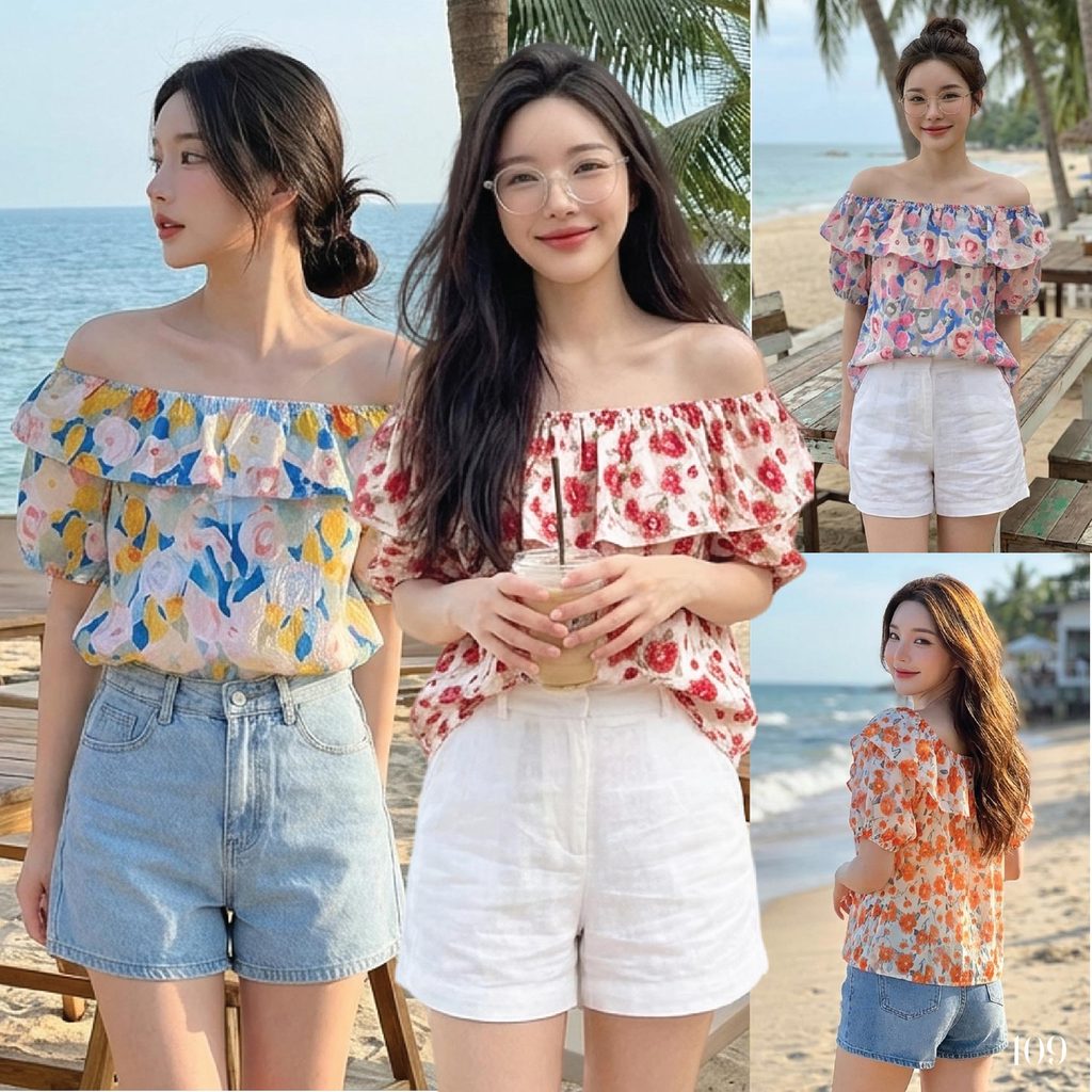 เสื้อเบลาส์ผู้หญิง แขนบอลลูน เปิดไหล่ คอยางยืดระบาย ลายดอกไม้ สีสันสดใส ทรงปล่อย ผ้าไหมอิตาลี่ #109