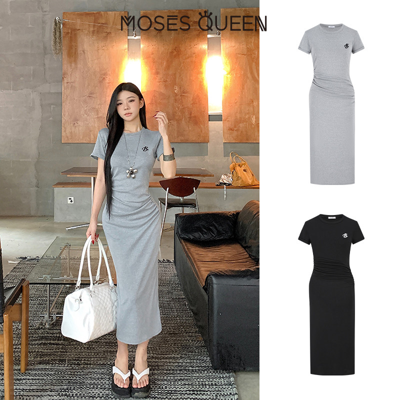 < MOSESQUEEN >  ชุดเดรสสีดำสไตล์แฟชั่นฟิสต์เทล แบบพันเอว ใส่สบายที่เอว รูปทรงผ่องเพรียว แบบฝรั่งเศส ฤดูร้อน #63071