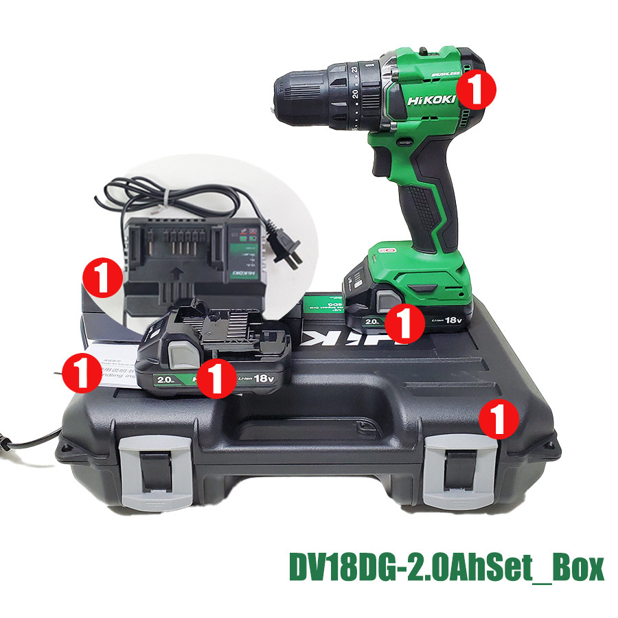 HiKOKI DV18DG, สว่านไร้แปรงถ่าน 18 V, 60 Nm, ความเร็ว idling 1900 rpm, แบตเตอรี่ 2 x 2.0 Ah, เครื่อง