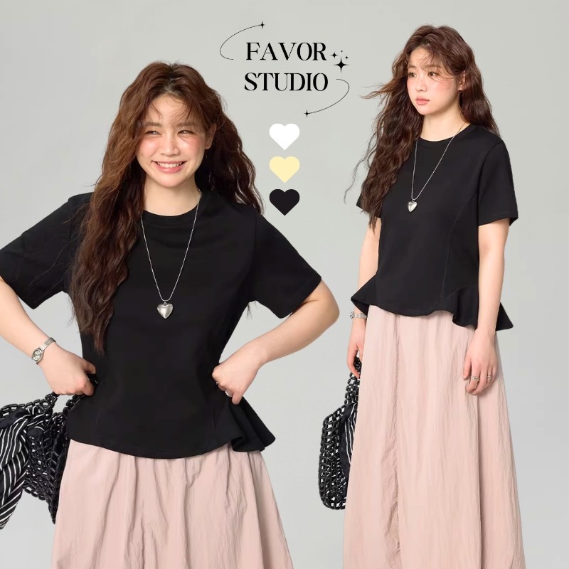 【EVIOVIO】M-4XL💕เสื้อยืดคอกลม สีสุภาพ ระบายชายเสื้อ  เสื้อใส่ไปทำงาน เสื้อใส่ไปทำบุญ เสื้อสาวอวบ พร้อมส่ง💟