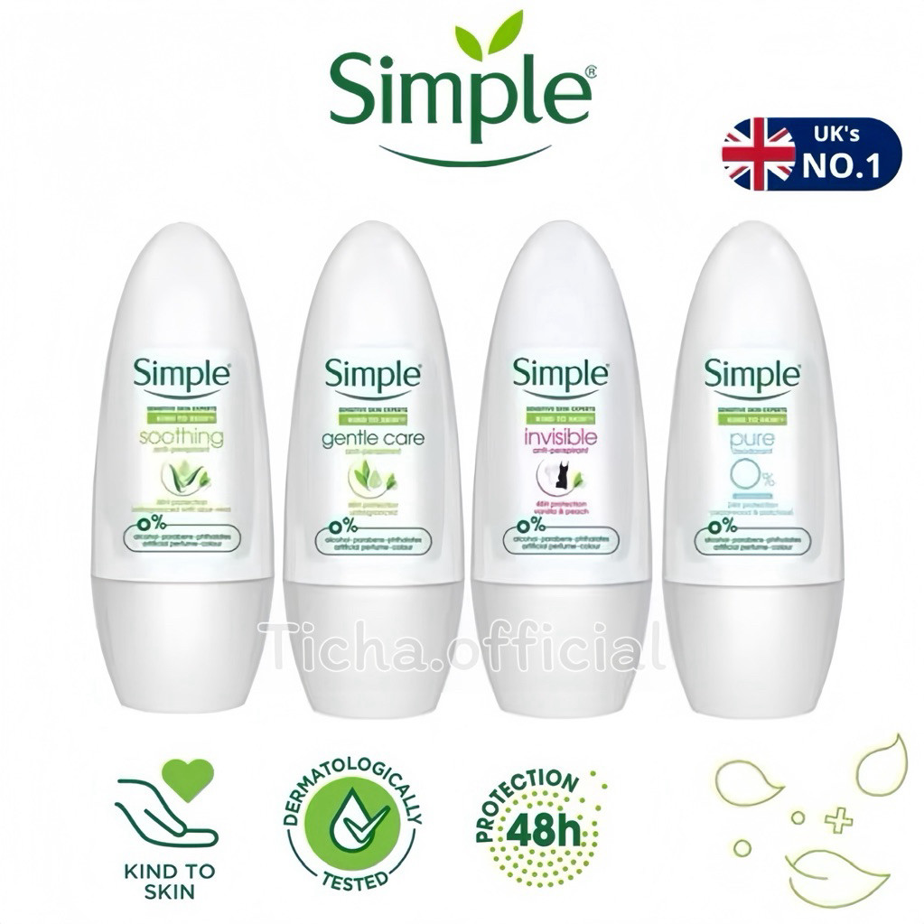 พร้อมส่ง💓| Simple Sensitive Skin Experts Roll On 45 ml. ซิมเพิล โรลออน ผลิตภัณฑ์ระงับกลิ่นกาย