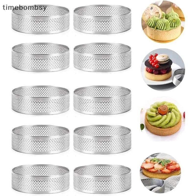 (time) 5PCS รอบสแตนเลสแหวนทาร์ตทนความร้อน Perforated แม่พิมพ์ DIY Mousse ผลไม้พาย Tartlet Doughnut แม่พิมพ์ครัวเครื่องมือ (TH)