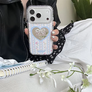 น่ารักหรูหราโบว์หัวใจกระจกเคสโทรศัพท์สําหรับiPhone 16 ProกรณีiPhone 15 17 16 Pro Max 17Promaxเกาหลีดอกไม้ที่มีสีสันกันกระแทกปกอ่อนFundas