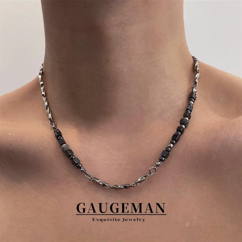 GAUGEMAN ผู้ชายไทเทเนียมเหล็ก Clavicle สร้อยคอไม่สม่ําเสมอ Hematite ลูกปัด Splice Minimalist ทุกวันสร้อยคอกันน้ําและสี Retention XL332 #