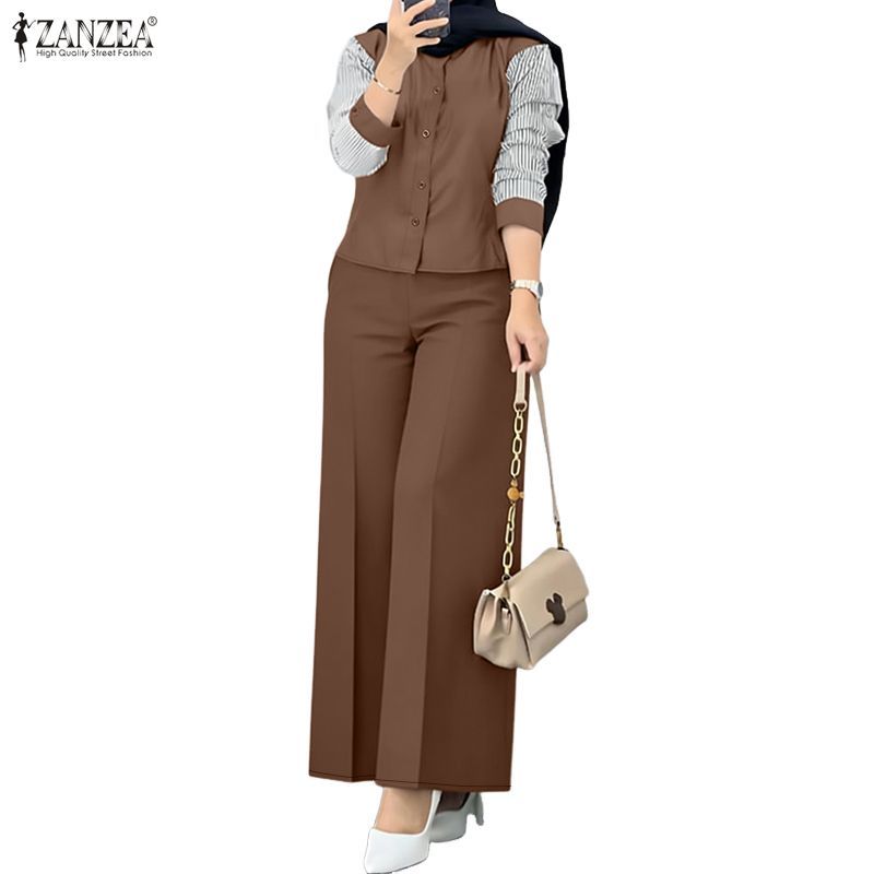 ZANZEA ผู้หญิงมุสลิม Elegant Office ลําลองรอบคอแขนโคมไฟลาย Patchwork กางเกงขากว้าง