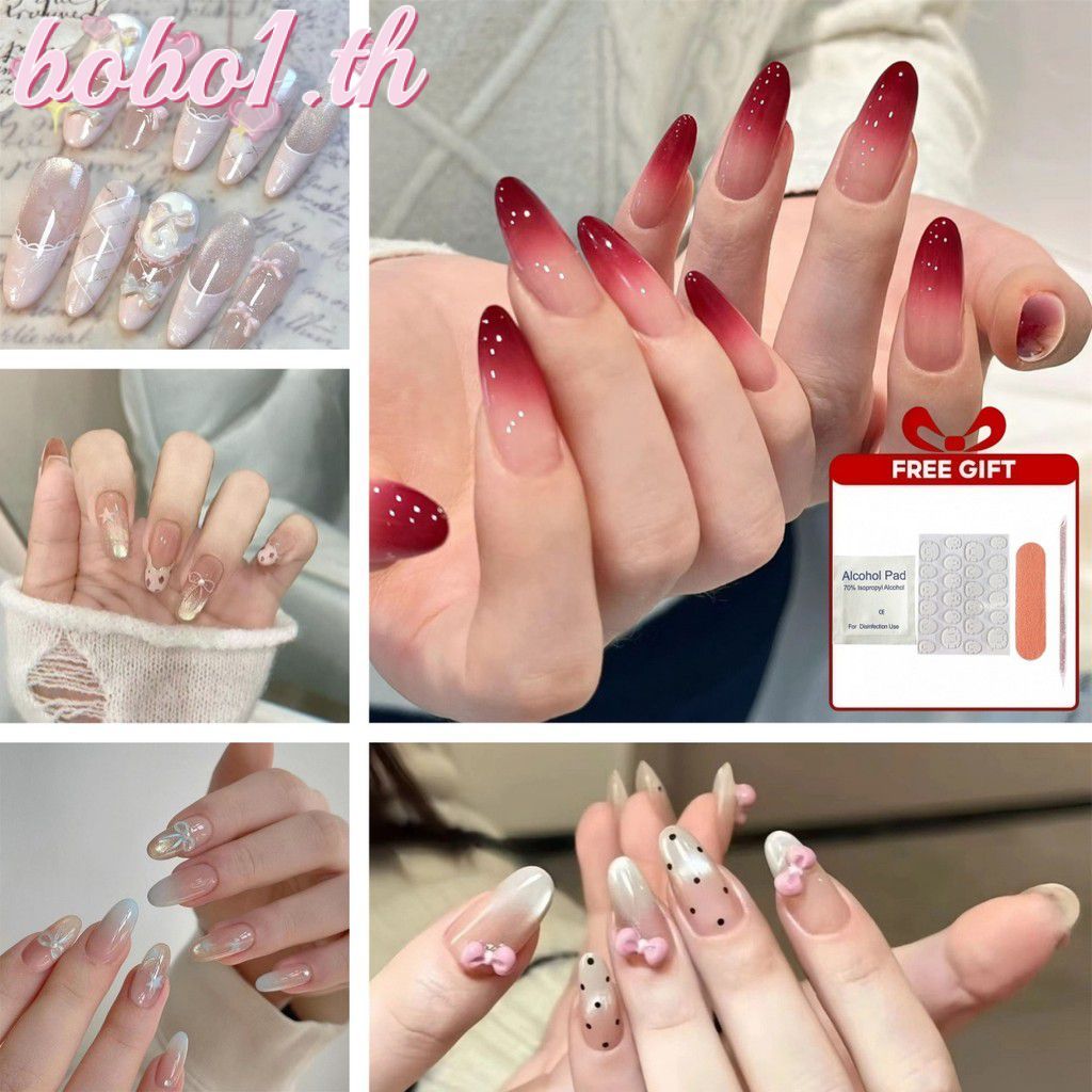 Free GiftPress-on Nails Red Gradient French Dreamy 3D Heart Bowknot Nail Art ﻿