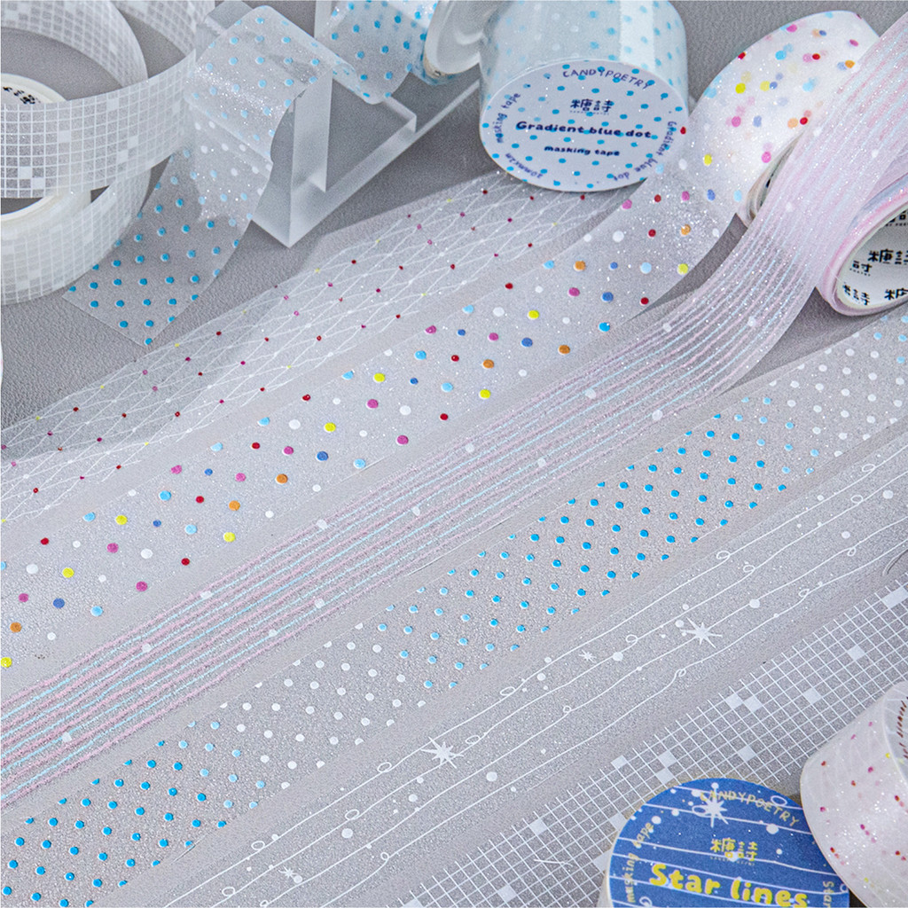 QOUZMO Milk Salt Chronicles Series 20mm2M Flash Sand PET Tape, Clear Shiny Line Dot Grid Pattern Tape for Journal Scrapbooking