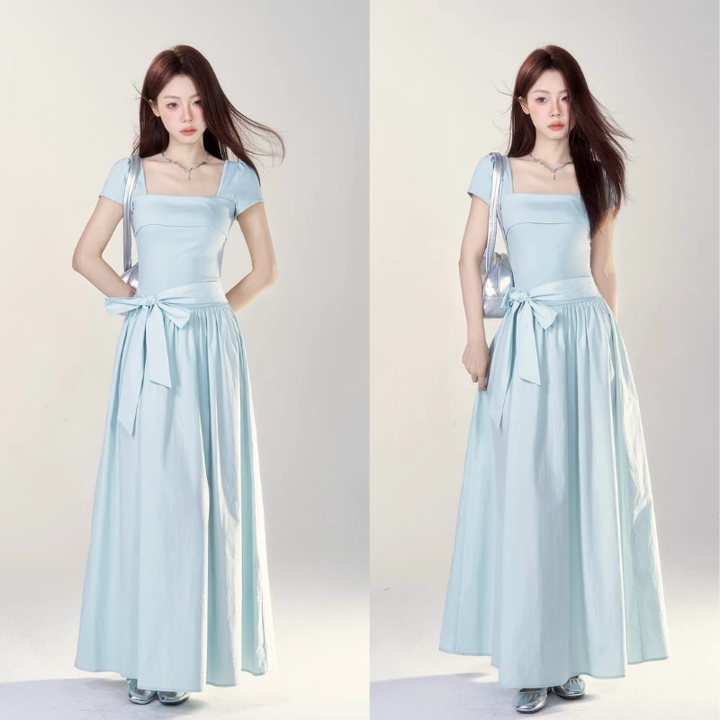 S-3XL เดรสยาวผู้หญิง เดรสสาวอวบ คอเหลี่ยม แขนสั้น ผูกโบวเอว ทรงเข้ารูป ชุดออกงาน สไตล์เกาหลี หวานหรู ใส่เที่ยว ใส่ทำงาน
