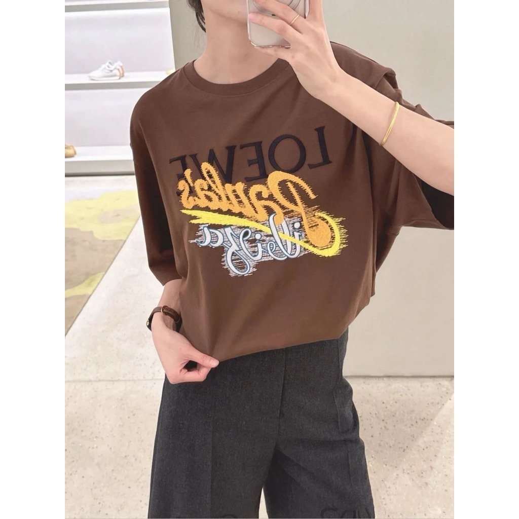 เสื้อเชิ๊ต Paula's Ibiza ฤดูใบไม้ผลิและร้อน แขนสั้น คอรอบปักสีน้ำตาล เหมาะสำหรับผู้หญิง