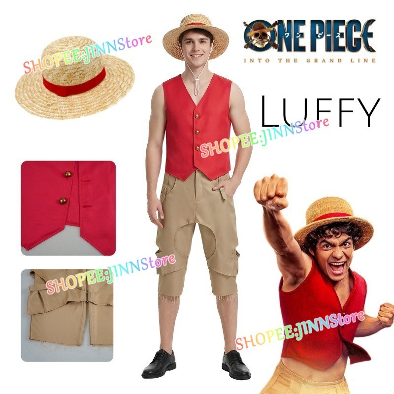 -JINN- One Piece Luffy Cosplay Outfit ชุดอะนิเมะสีแดงสำหรับเล่นบทบาท