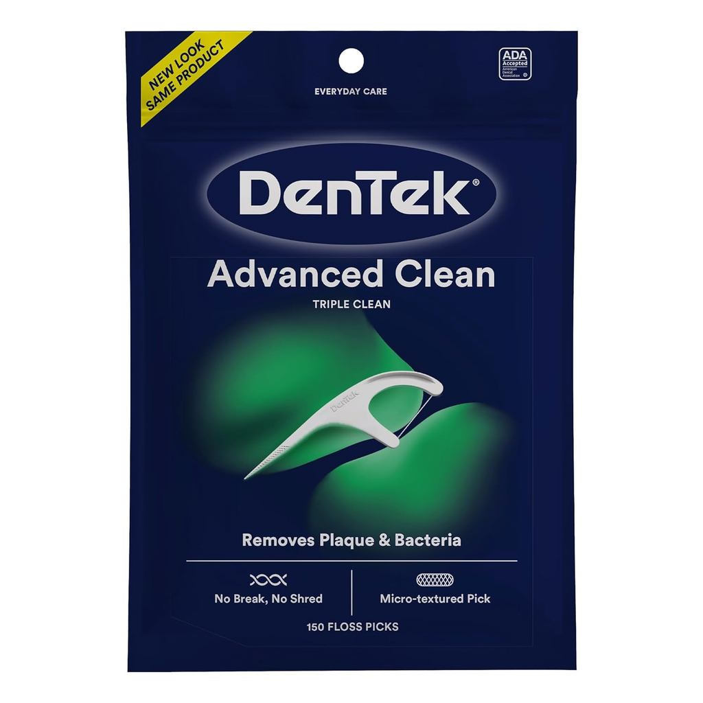 DenTek Triple Clean Advanced Clean Floss Picks, No Break & No Shred Floss, 150 Count, (บรรจุภัณฑ์พฤษ