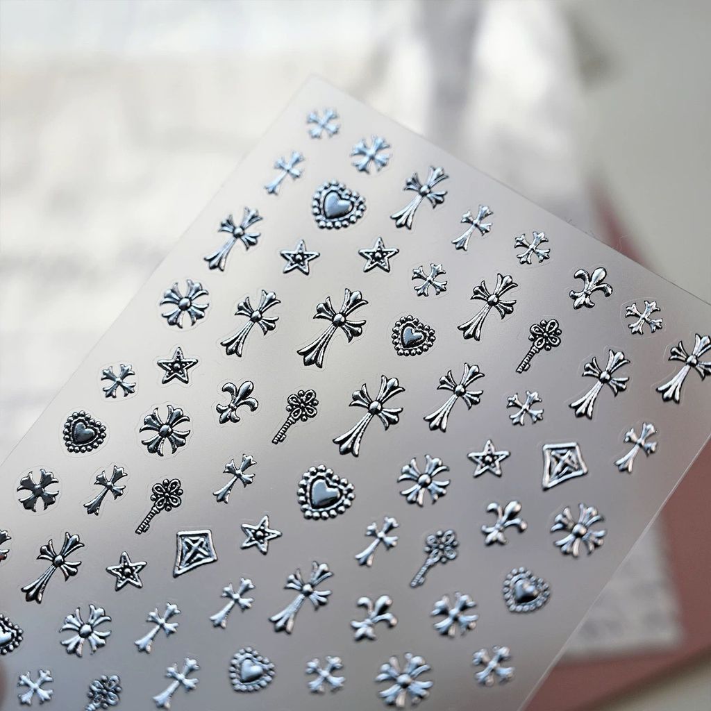 ร้อนขายสาวร้อนy2kพรีเมี่ยมRetro Hot Silver Cross Loveเล็บสติกเกอร์Diyแท็บเล็ตโทรศัพท์ตกแต่งเล็บ