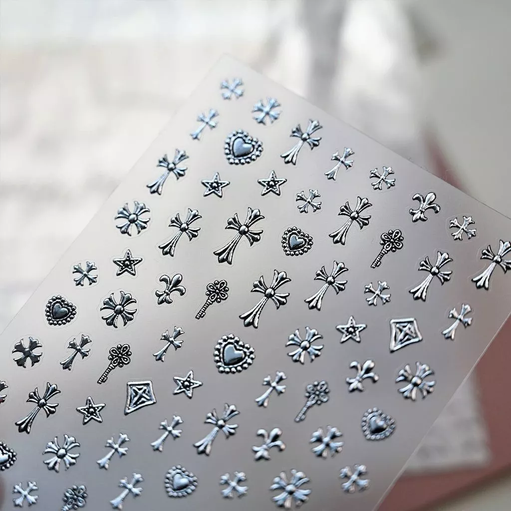 ร้อนขายสาวร้อนy2kพรีเมี่ยมRetro Hot Silver Cross Loveเล็บสติกเกอร์Diyแท็บเล็ตโทรศัพท์ตกแต่งเล็บ