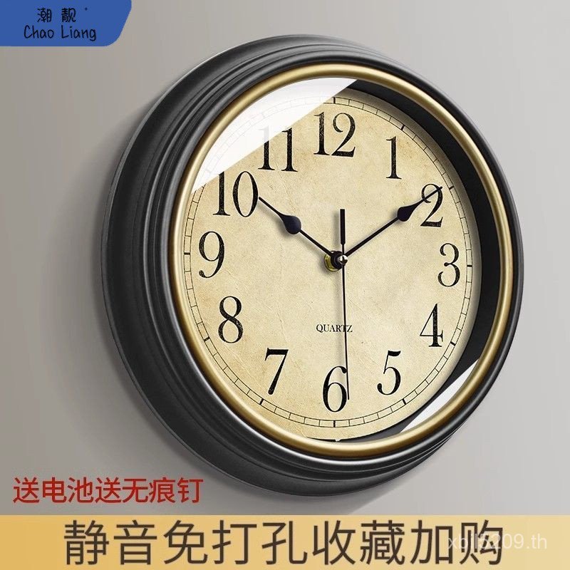 Q3Y Silent Retro North Atmosphere Round#客厅挂墙免打孔时钟美式挂钟欧式钟表包邮 คิวอาร์
