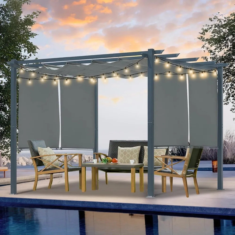 10 X 10 Ft อลูมิเนียมกลางแจ้ง Pergola, Retractable Canopy & 2 ด้าน Shades สําหรับ Patio Backyard Gar