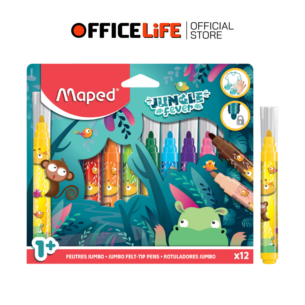 Maped (มาเพด) สีเมจิกจัมโบ้ จังเกิ้ล 12 สี Jungle Fever Feutres Jumbo ล้างออกได้ ( กล่อง )