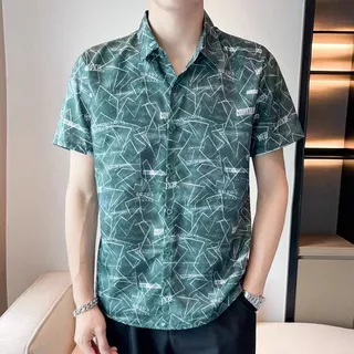 เสื้อเชิ้ตแขนสั้นพิมพ์ลายโพลีเอสเตอร์ 100% สีน้ำเงินส้นเขียว M-3XL เทศกาลสงกรานต์
