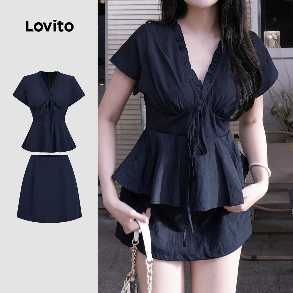 Lovito เสื้อท็อปหรือกางเกงสุดหรูมีระลอกฤดูใบไม้ผลิ/ฤดูร้อน เสื้อท็อปสีน้ำเงิน L154ED326