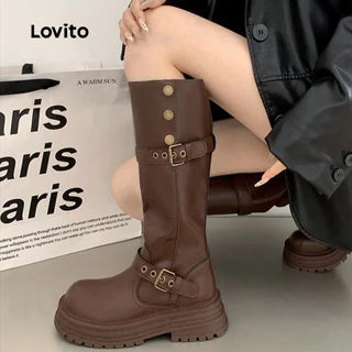 Lovito รองเท้าบูทแคชชวลแบบแพลตฟอร์ม สไตล์เรโทร ใช้ได้ทุกฤดู สีดำ สำหรับผู้หญิง LFA86075