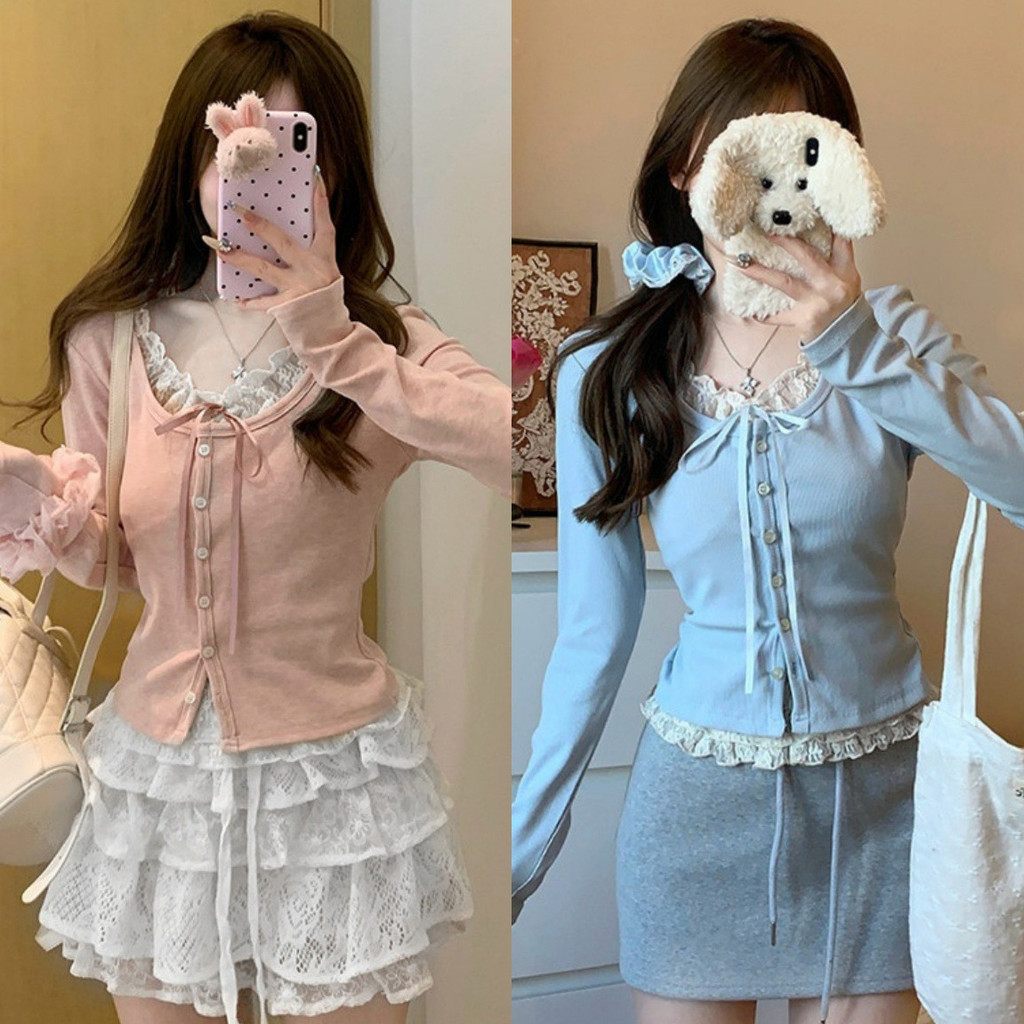 🍒Mary🍒เสื้อแฟชั่น แต่งลูกไม้ ยืดพอดีตัว เสื้อแขนยาว สไตล์เกาหลี แฟชั่น ใส่สบาย ผ้านิ่ม ผู้หญิง