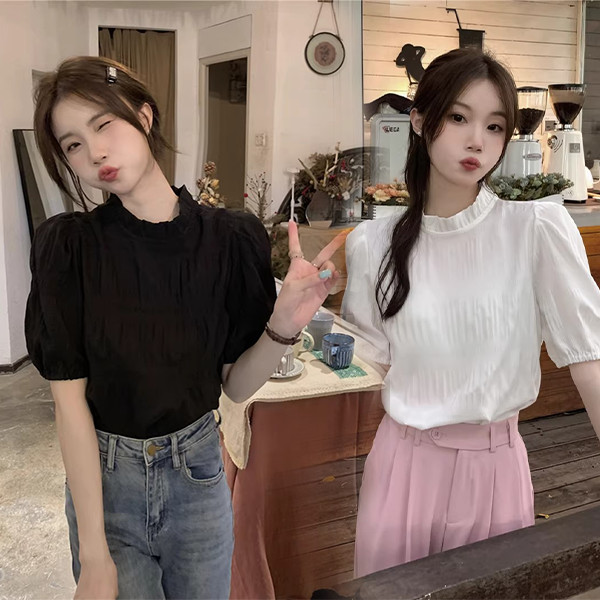Red Berry เสื้อแขนยาวคอสูงสไตล์เกาหลี ทรงพอง แขนยาวปานกลาง เหมาะสำหรับใส่ในฤดูร้อน W695