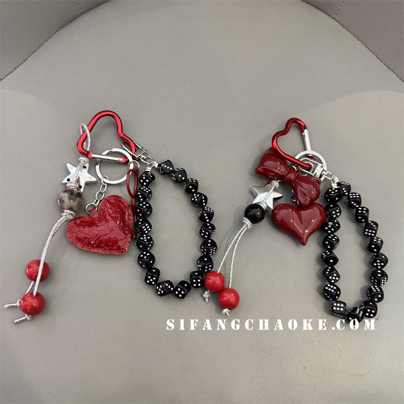พวงกุญแจสไตล์เกาหลี ดีไซน์ใหม่ Red Love พร้อมลูกปัดและโซ่เพิร์ล ใช้งานได้ทั่วไป กับกระเป๋าหรือนักเรียน