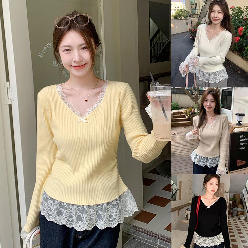 mimi&didi#เสื้อไหมพรมคอวีถักลูกไม้สำหรับผู้หญิง เสื้อไหมพรมแขนระฆังแต่งขอบลูกไม้ เสื้อตัวในทรงเข้ารูป น่ารักและหวาน#J091