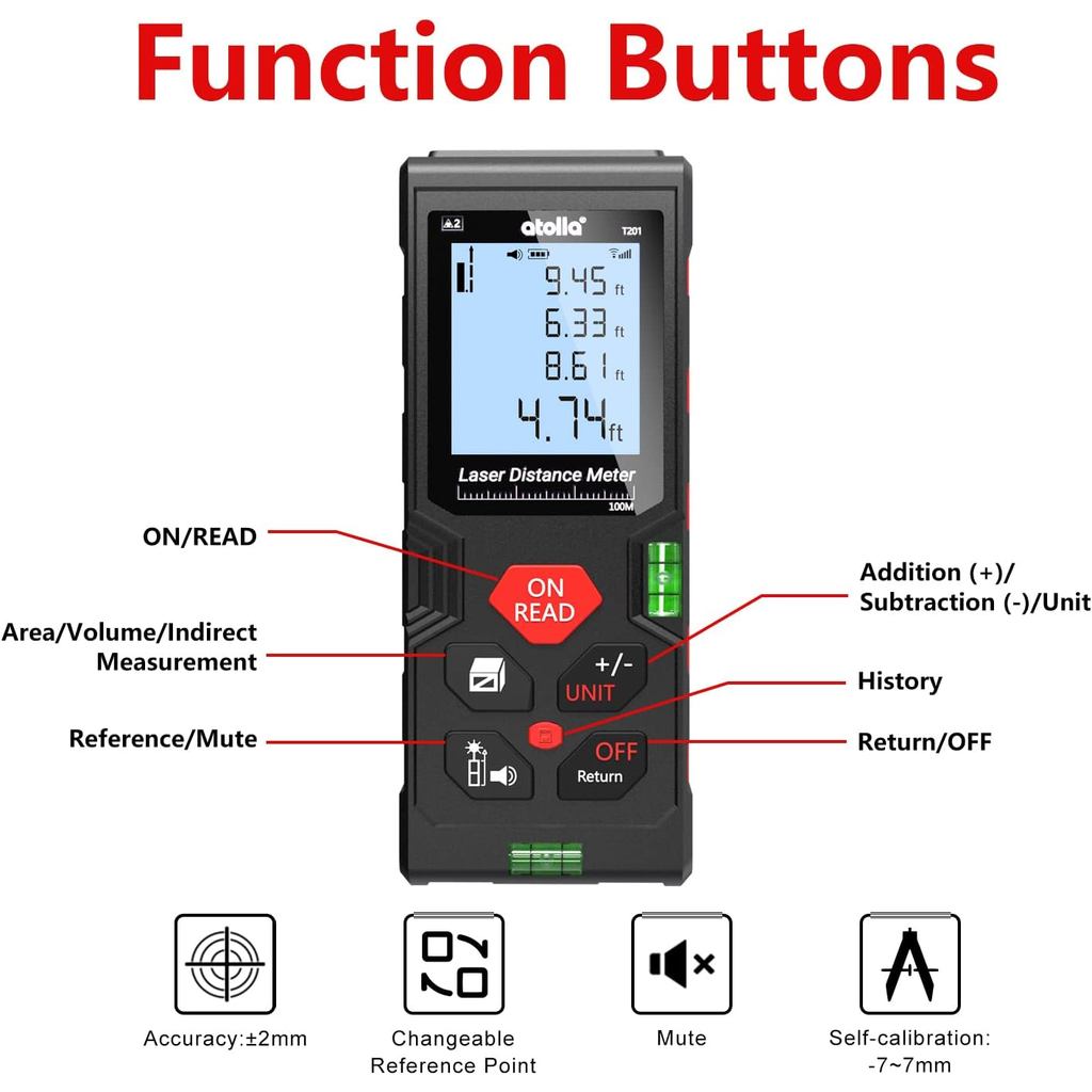 เลเซอร์วัด - atolla 328Ft เครื่องมือวัดเลเซอร์ดิจิตอลพร้อมฟังก์ชั่นปิดเสียง, ระดับฟอง 2 ระดับ, แบ็คไ