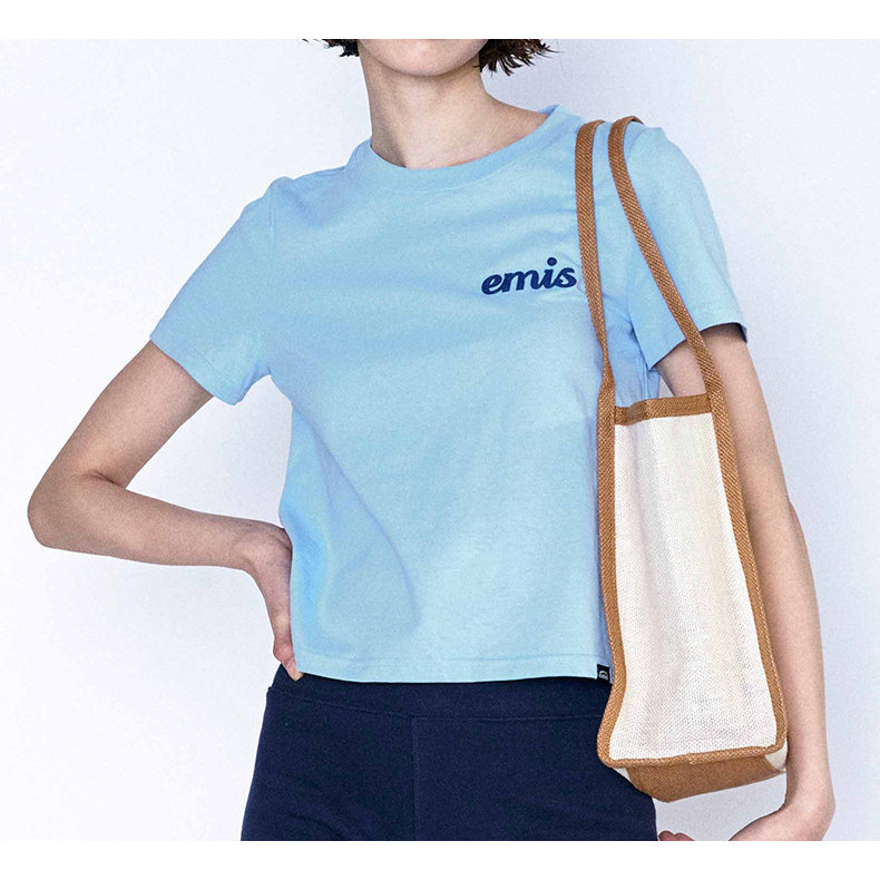 Emis เสื้อยืดแขนสั้นผ้าฝ้ายแท้ สไตล์เกาหลี สีฟ้าอมคราม สำหรับสวมใส่งานประจำวันและโอกาสต่างๆ