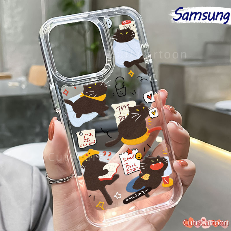 3J น่ารัก Cat-Black PC กรณี Samsung Galaxy A55 A54 A15 A05 A05s A06 A14 A13 A24 A35 A23 A33 A53 Glos