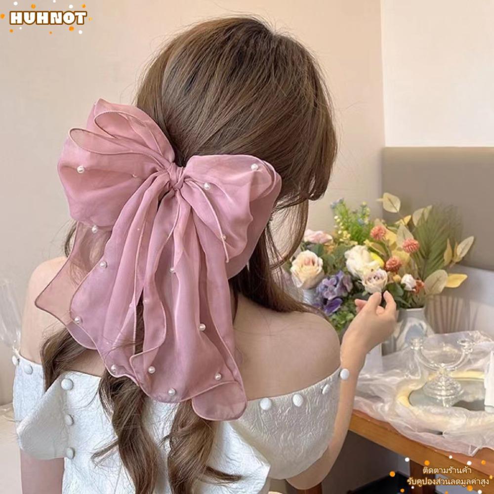 กิ๊บโบว์ชีฟองขนาดใหญ่ แฟชั่นสำหรับหางม้า มีไข่มุกและริบบิ้นสวยงาม