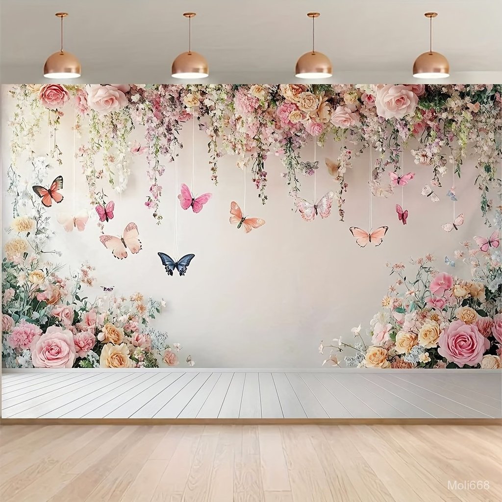2D Flat, 1pc 1pcs Floral Butterfly 2D Flat Background Banner - Suitable for Weddings, Birthdays, Pho