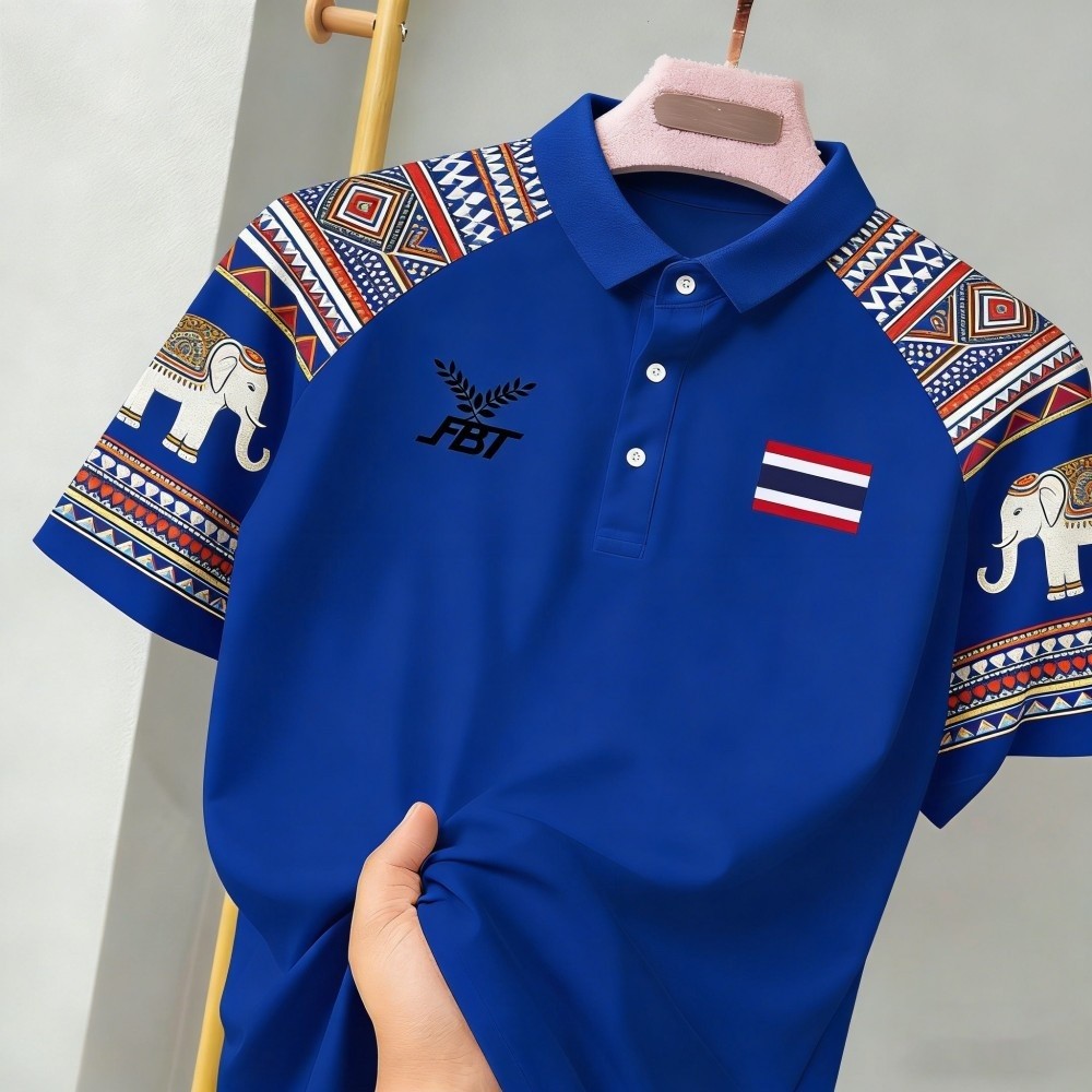 เสื้อโปโลสไตล์ไทยแขนสั้น unisex ลายช้าง วัสดุเจอร์ซีย์ทีมประเทศไทย