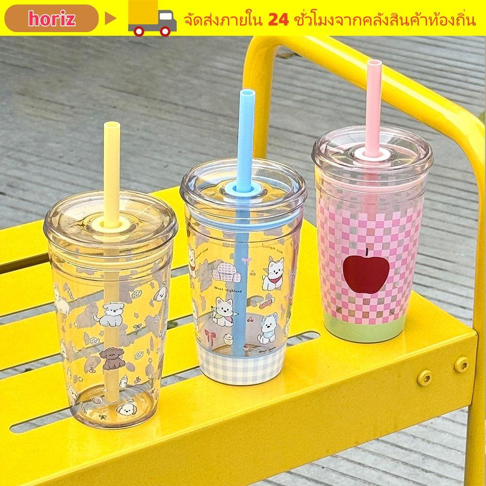 HORIZ ถ้วยฟาง, ขวดน้ํา Tritan พิมพ์ลายการ์ตูน, แบบพกพา 450ML ถ้วยเครื่องดื่มโปร่งใส Home Office