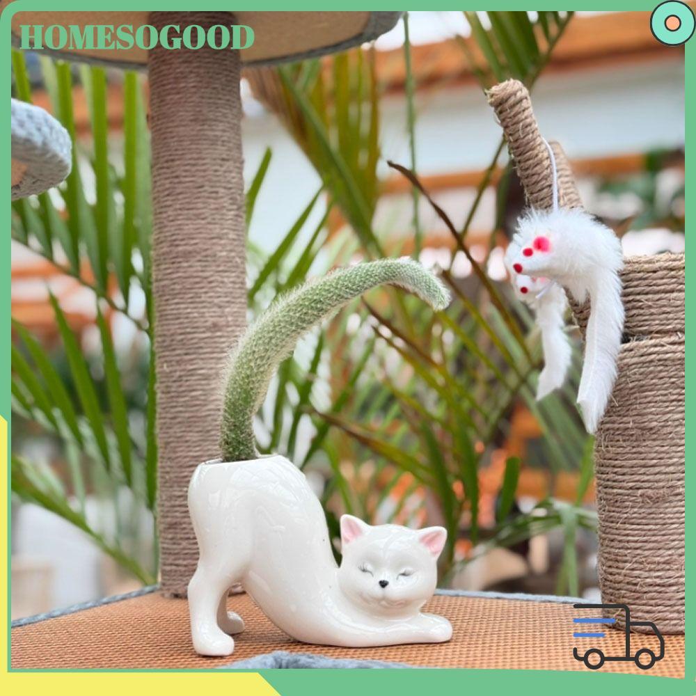 HOMESOGOOD โฮมโซดี แมวหางฉ่ําปลูกหม้อ,การ์ตูนน่ารักแมวหางคอลัมน์กระถางดอกไม้,สร้างสรรค์เซรามิกสก์ท็อปตกแต่งแจกันดอกไม้กระถางดอกไม้ตกแต่งบ้าน