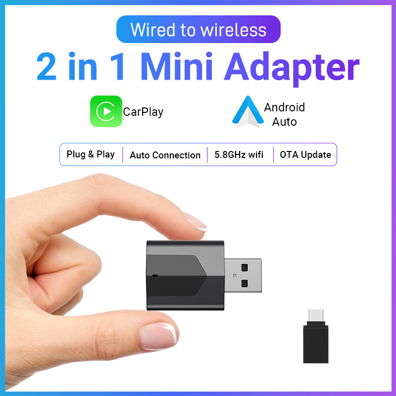 XUDA 2026 ใหม่แบบมีสายไร้สาย CarPlay และ Android Auto 2 in 1 Mini Adapter 5GHz WiFi5