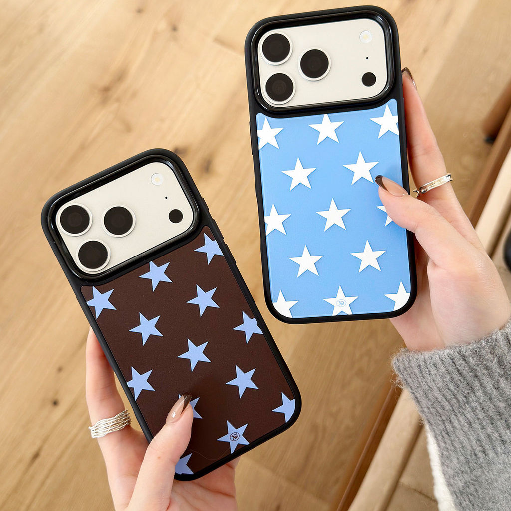 สไตล์เกาหลีสีฟ้าสีน้ําตาลเรียบง่ายดาวสไตล์ใหม่กรอบสีดําเคสโทรศัพท์เหมาะสําหรับ Apple iPhone17promax ความรู้สึกระดับไฮเอนด์เคสป้องกันแม่เหล็ก Niche 16plus Glossy 15pro14 กันกระแทกเฉพาะ 13 อารมณ์