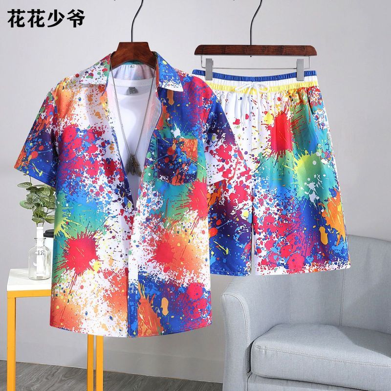 夏季男速干短袖花衬衫套装夏威夷沙滩服宽松休闲两套外穿五分裤4.13Summer Men's Quick-dry Short-sleeve Floral Shirt Set, Hawaiian Beac