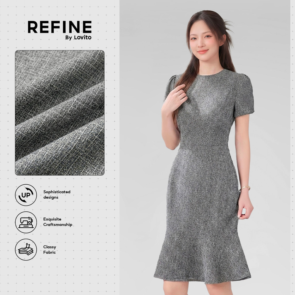 (Refine by Lovito) สง่างาม เดรสทวีดหรูหรา ชายระบาย สัมผัสเท็กซ์เจอร์ ใส่ได้ทุกฤดู สีเทา ผู้หญิง LR23A109