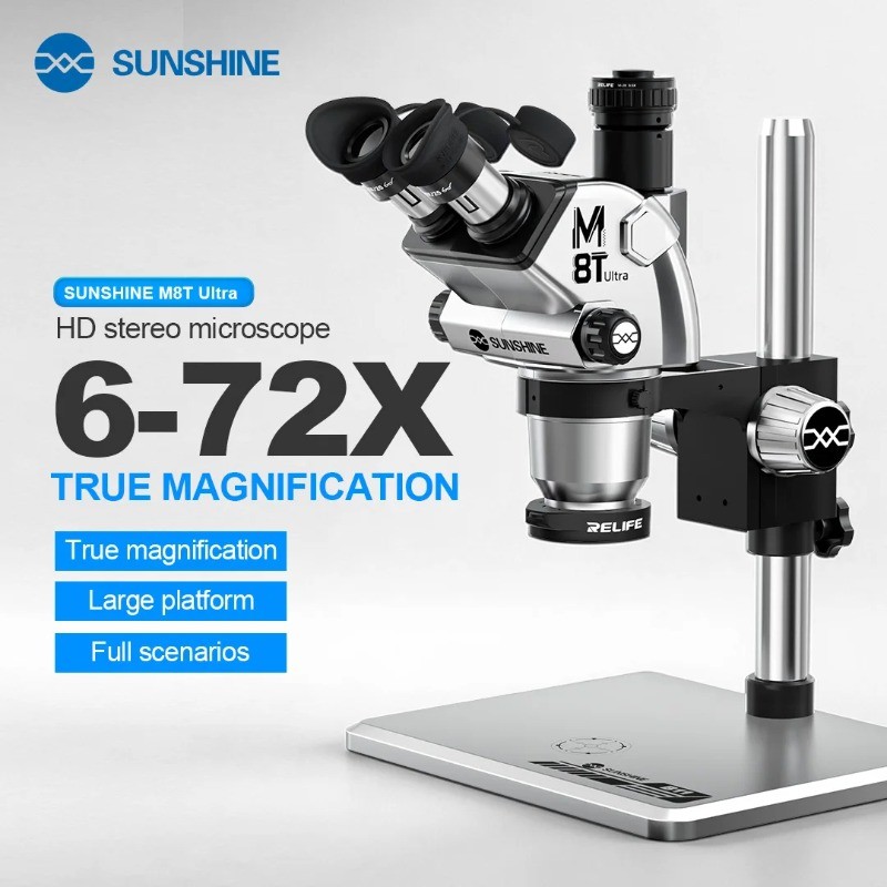 SUNSHINE M8T กล้องจุลทรรศน์สเตอริโอ Trinocular กําลังขยายสูง 6-72X พร้อมช่วงซูมที่กว้างขึ้น ใช้สําหร