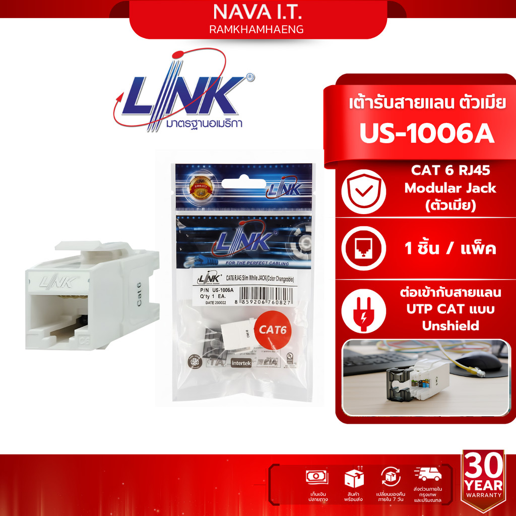 LINK US-1006A ตัวเมีย CAT6 RJ45 CAT6 RJ45 SIIM WHITE JACK COLOR CHAHGEABLE